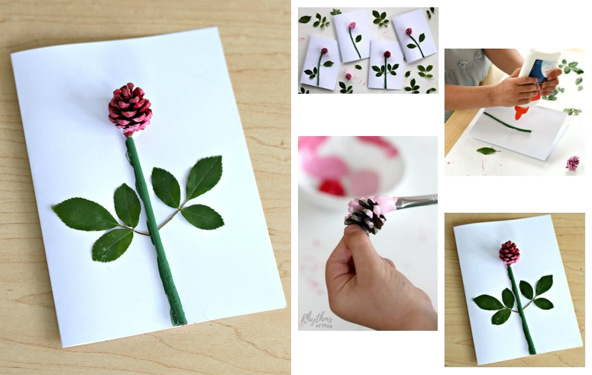 Biglietto di auguri con rosa (fatta con una pigna!)