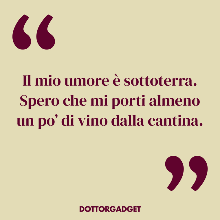 Il mio umore è sottoterra. Spero che mi porti almeno un po’ di vino dalla cantina. (Frasi divertenti vino)